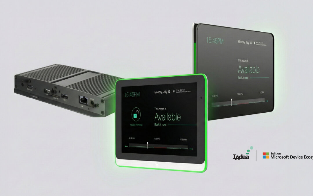 IAdea enterprise Android devices including room interaction panels and signage processors built on Microsoft Device Ecosystem Platform.